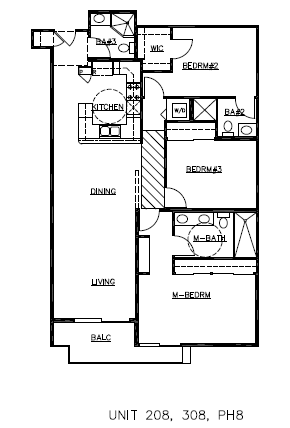 Floor plan for 3 beds, 3 baths, 1390 sqft